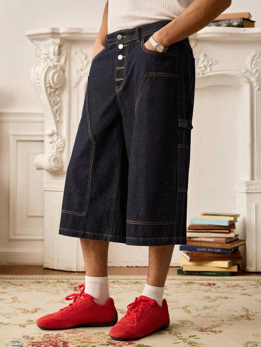 SWAVVY 个性化时尚纽扣口袋阔腿男士牛仔短裤 - 藍色 - 查看 1