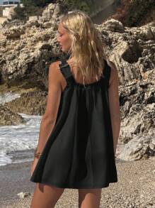 SHEIN ICON 女士夏季外出海滩夏威夷毕业典礼白色娃娃裙飘逸可爱迷你连衣裙 - 黑色 - 查看 2