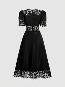 SHEIN MOD Vestido de comprimento médio com patchwork de renda para mulher gentil - Preto - Ver 3