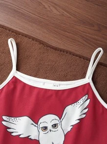HARRY POTTER X SHEIN Tween Girl Cartoon Owl Print Red Loose Camisole And Shorts Pajama Set, Comfortable Flame Retardant Fabric For Summer - Multicolor - View 7