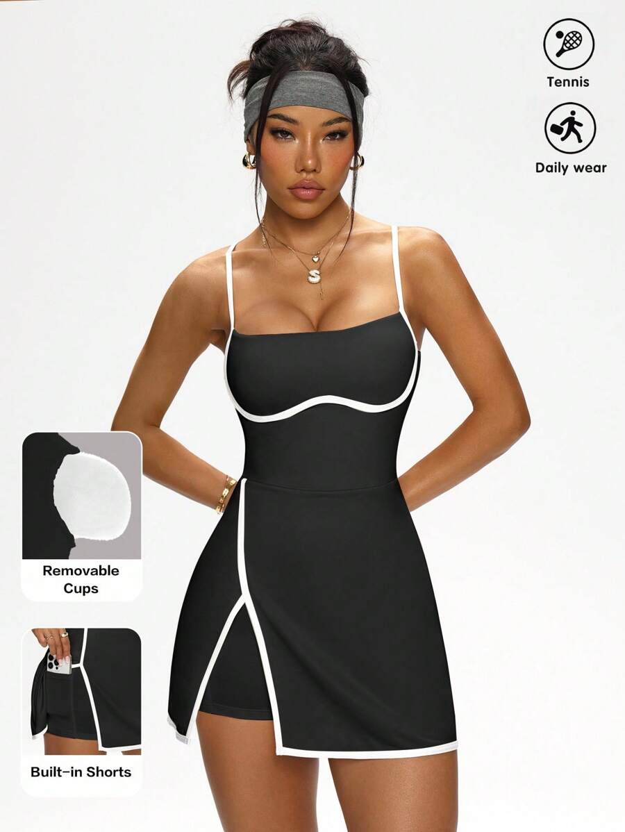 Easithlete 女式撞色滚边可拆卸垫背心运动连衣裙 - 黑色 - 查看 1