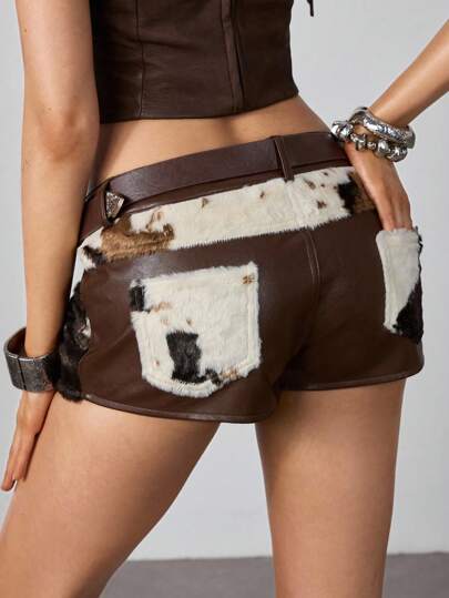 Hippie Short en faux style bohème sexy western, patchwork imprimé, taille basse avec effet doux (inclut une ceinture vintage)