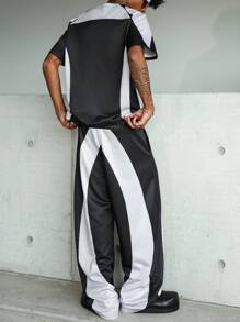 Manfinity EMRG 男士撞色圆领短袖T恤加裤子休闲西装男两件套裤子男黑白裤子男街头潮流套装男士宽松裤子男阔腿裤 - 黑色 - 查看 3