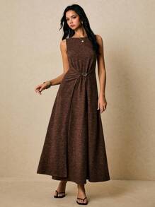 Poéselle 无袖环扣针织长款连衣裙 | 巧克力棕色A字晚礼服，秋季女装，女士纯色圆领休闲宽松长款无袖连衣裙，棕色长款连衣裙，商务休闲女装，环扣连衣裙，无袖针织连衣裙，秋季婚礼宾客礼服，简约晚装 - 棕色 - 查看 6