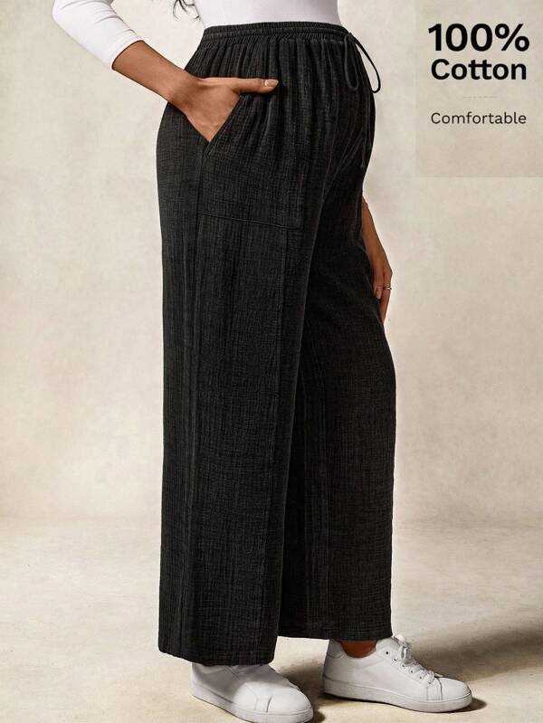 Boho Mama Pantalones casuales de maternidad de unicolor con cordón en la cintura, bolsillos laterales y pierna ancha suelta