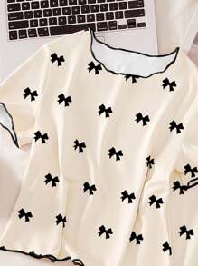 SHEIN Bộ đồ ngủ 2 món cho nữ, màu mơ in họa tiết nơ đen toàn bộ, thiết kế viền tương phản, áo tay ngắn và quần dài, bộ đồ ngủ thanh lịch, thời trang trở lại trường - Màu be - Xem 8