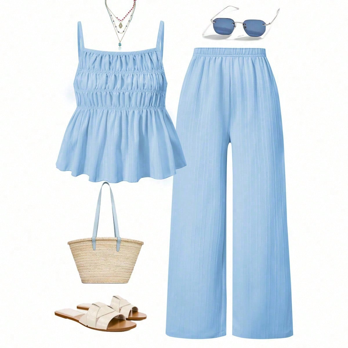 Conjunto de 2 piezas para niña preadolescente, top con tirantes con textura y volantes y pantalones anchos y sueltos, conjunto de verano informal y d