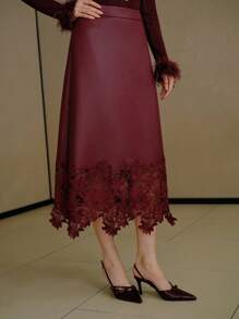 MOTF PREMIUM CONTRAST LACE PU LEATHER SKIRT - Burgundy - View 5