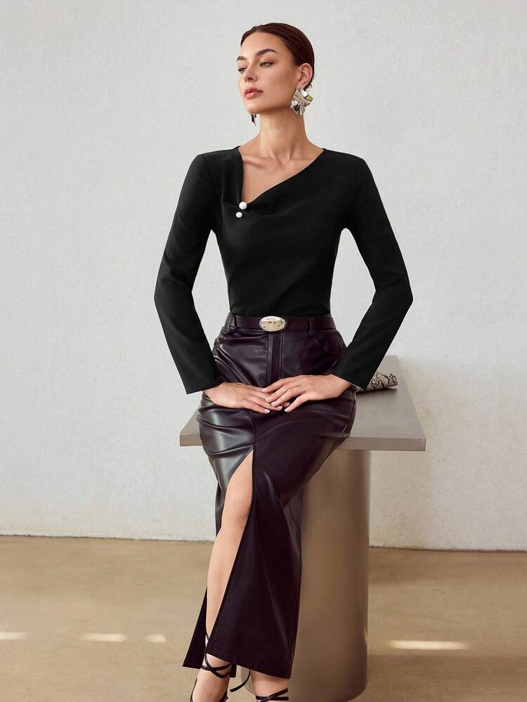 ASYMMETRICAL NECK FAUX PEARL PIN DETAIL LONG SLEEVE SOLID TEE