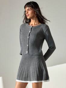 CLARA VERO 女士纽扣前褶裙和可爱开衫两件套 2 件 - 灰色 - 查看 4