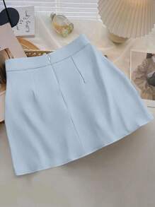 GlowEve 优雅褶饰链条迷你裙 - 淺藍色 - 查看 2