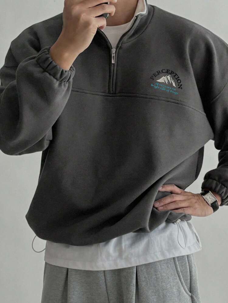 Men's Letter Print Contrast Color Collar Pullover Sweatshirt, Autumn Quarter Zip Men