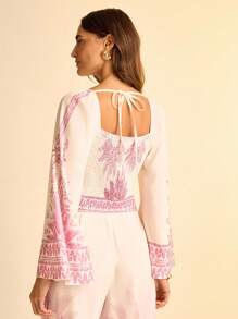 CAJUNI Women Boho Tropical Pink Coconut Tree Plant Print V-Neck Flare Sleeve Blouse - Multicolor - View 2