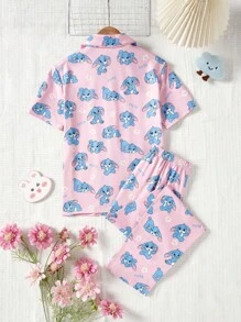 Tween Girl' Stylish Print V-Neck Fireproof Fabric Sweet Pink & Blue Graphic Short Sleeve Top & Pants Home Outfit Cute Pj Sets Young Girl Summer Outfits