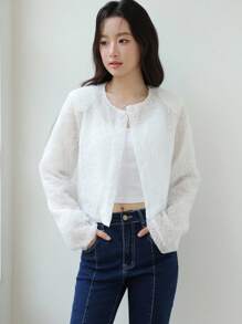 SHEIN Unity Women's White Cropped Textured Fuzzy Jacket,Long Sleeve Round Neck Lightweight Knitted Outerwear,Elegant Autumn Clothes Perfect For Tea Party Chic - White - View 7