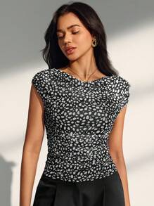 Almamuse Summer Black Polka Dot Print Drawstring Neck Sleeveless Blouse - Black - View 5