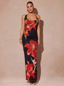 Silquee Summer Knit Dresses Warm Red Floral Print Dress Pink Anthurium Print Dress Tiger Lily Print Dress Printed Mesh Halter Dress, Floral Maxi Dress, Women's Summer Clothing, Women's Beachwear, Women's Beachwear, Spring Break Dresses, Summer Maxi Dresses, Holiday Maxi Dresses, Women's Summer Dresses - Multicolor - View 3