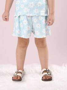 SUMWON طقم بيجامة قصيرة مزخرفة بالزهور ناعمة للبنات، ملابس نوم صيفية، ملابس كاجوال، ملابس نوم مريحة، ملابس للنوم - أخضر نعناع - مشاهدة 4