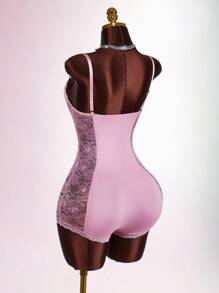 Amplova Bộ đồ liền thân ren tương phản gợi cảm ôm vừa vặn có eo xếp ly dành cho nữ - Hồng - Xem 2