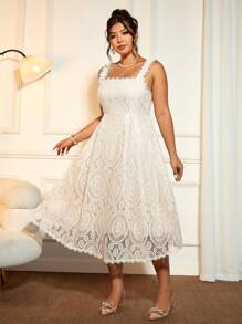 Cravure Square Neck Ruffle Hem Hollow Out Lace Summer Dress - Apricot - View 6