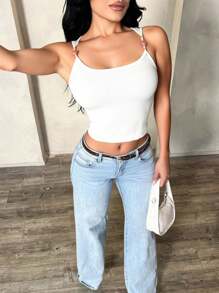 SHEIN SXY Women's White Casual Elegant Pearl Decor Square Neck Tank Top, Vacation Style White Tank Top Women Top