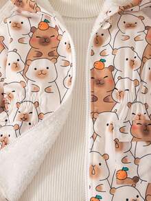 SHEIN 1件装 女童可爱小熊印花弹力腰拉链连帽抓绒外套，秋冬季女童冬季外套 女童卡通外套 儿童冬季外套 青少年冬季外套 保暖内衬冬季外套 - 卡其色 - 查看 8