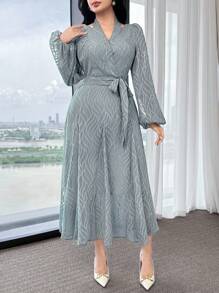 Feyla Váy xòe thanh lịch bằng vải chiffon màu xanh cắt xẻ Jacquard dành cho nữ - Màu xanh bụi bặm - Xem 6