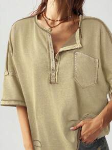 Bohemela 休闲纯色针织短袖半开襟宽松水洗大码T恤 - 棕色 - 查看 4