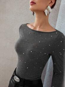MOTF PREMIUM WOOL BLEND BOAT NECK FAUX PEARL BASIC FASHION T-SHIRT - Grey - View 3