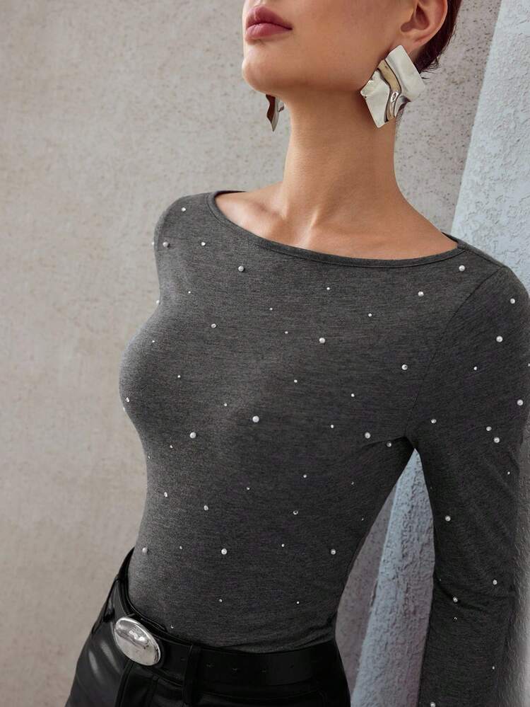 WOOL BLEND BOAT NECK FAUX PEARL BASIC FASHION T-SHIRT