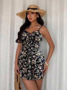 Breezaya 女式度假风格蝴蝶结腰带碎花修身连体裤 - 黑色 - 查看 3