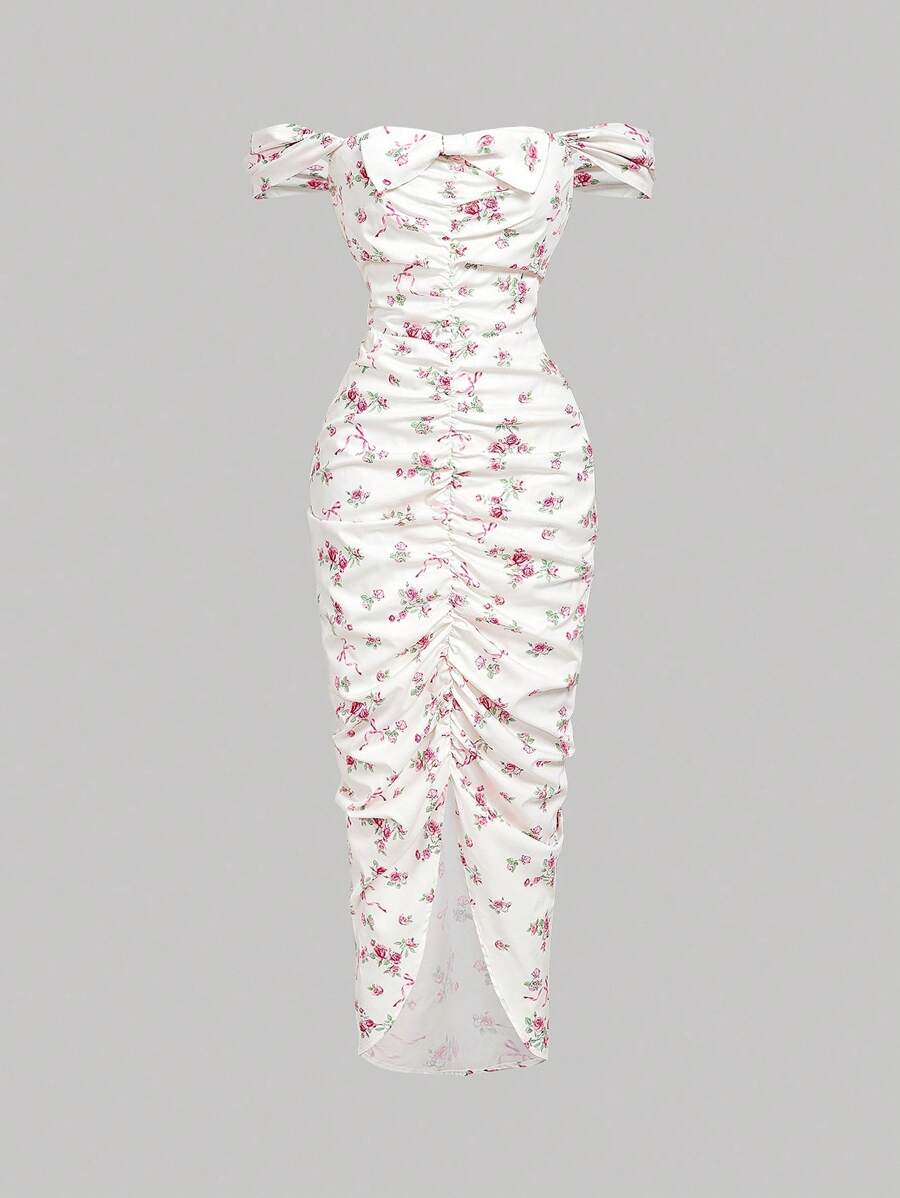 SHEIN MOD 女士花卉印花褶饰露肩优雅长裙白色花卉连衣裙女士彩排晚宴礼服白色白色连衣裙玫瑰印花连衣裙,返校节礼服,毕业礼服, - 米色 - 查看 1