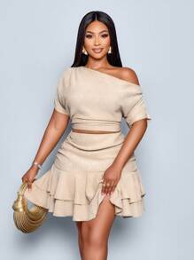 SOLERSUN Plus Size Summer Elegant Party Daytime Apricot Knitted Asymmetrical Neck Gathered Top And Ruffle Hem Skirt Two Pieces Set