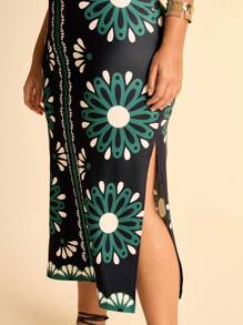 CAJUNI Damen Große Größen Boho Tropical Muster Grün ärmelloses Bodycon Maxikleid, schwarzes lässiges Urlaubs-Maxikleid - Verschiedenfarbig - Übersicht 7
