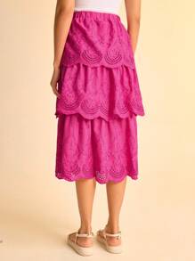 CAJUNI Women's Casual Vacation Rose Red Three-Layer Cake Ruffle Hem Skirt Embroidered Skirt Bohemian Women's Cute Birthday Skirt Country Concert - Hot Pink - View 2