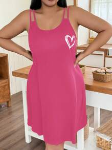 DUSKBASE Plus Size Casual Heart Print Camisole Nightgown - Hot Pink - View 5