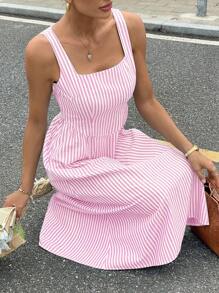 Siren Gaze Women Stripe Print Sleeveless Square Neck Mid-Length Dress For Summer Pink