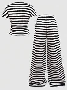 SHEIN Girlism 青少年女孩休闲度假优雅条纹提花针织修身褶皱短袖上衣和配套裤子套装 - 黑與白 - 查看 2