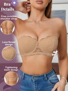 Women Lace Padded Wireless Bra, Push Up Invisible Backless Bra With Removable Straps For Small Bust, 1pc Lingerie Bra