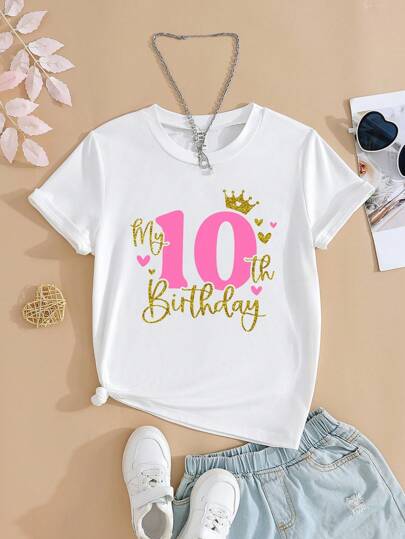 Tween Girls' "My 10th Birthday" Crown Print Round Neck Short Sleeve White T-Shirt, Suitable For Birthday Party  10 Birthday Shirt