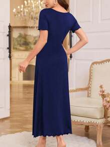 女士休闲皇家蓝睡裙，方领设计，饰有时尚荷叶边细节，蓝色连衣裙，女士长裙，休闲连衣裙，方领连衣裙，蝴蝶结连衣裙 - 寶藍色 - 查看 2