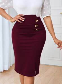Lunelith SHEIN Lunessa Elegant Solid Color Fitted Pencil Skirt Suitable For Commute Office Skirt - Burgundy - View 3