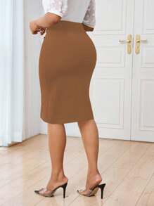 Lunelith SHEIN Lunessa Women Simple Solid Color Pleated Split Hem Elegant A-Line Skirt, Office Commuting Office Skirt - Khaki - View 2