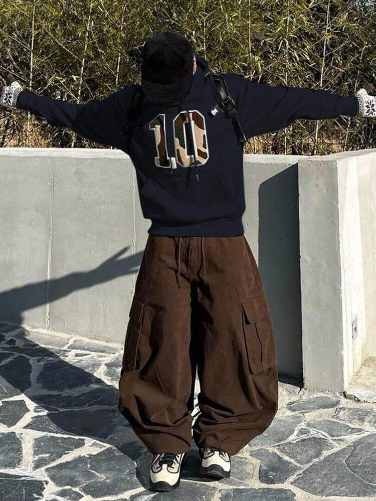 Men's Camouflage Embroidered Numeric Hoodie, Navy Blue, Autumn