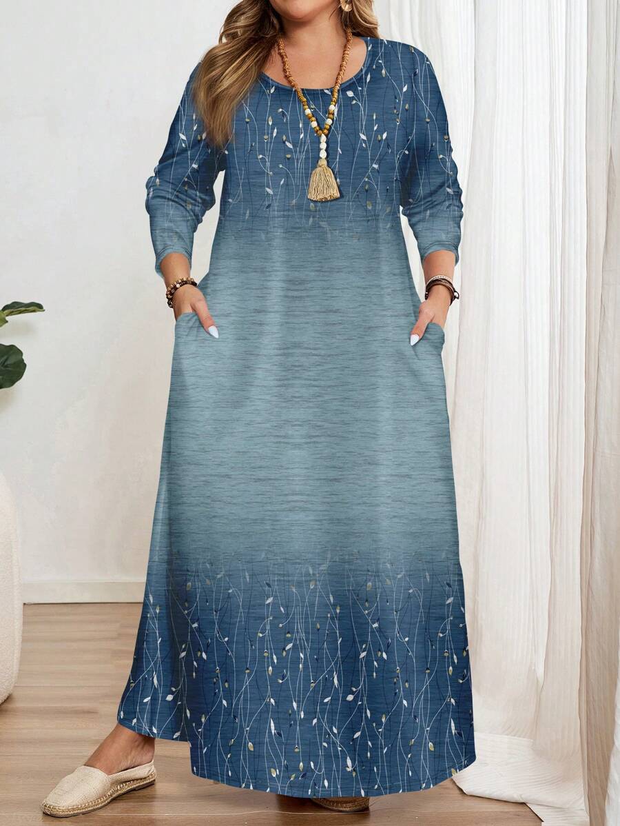 EMERY ROSE Vestido de manga larga con cuello redondo y estampado floral, adecuado para otoño/invierno, tallas grandes