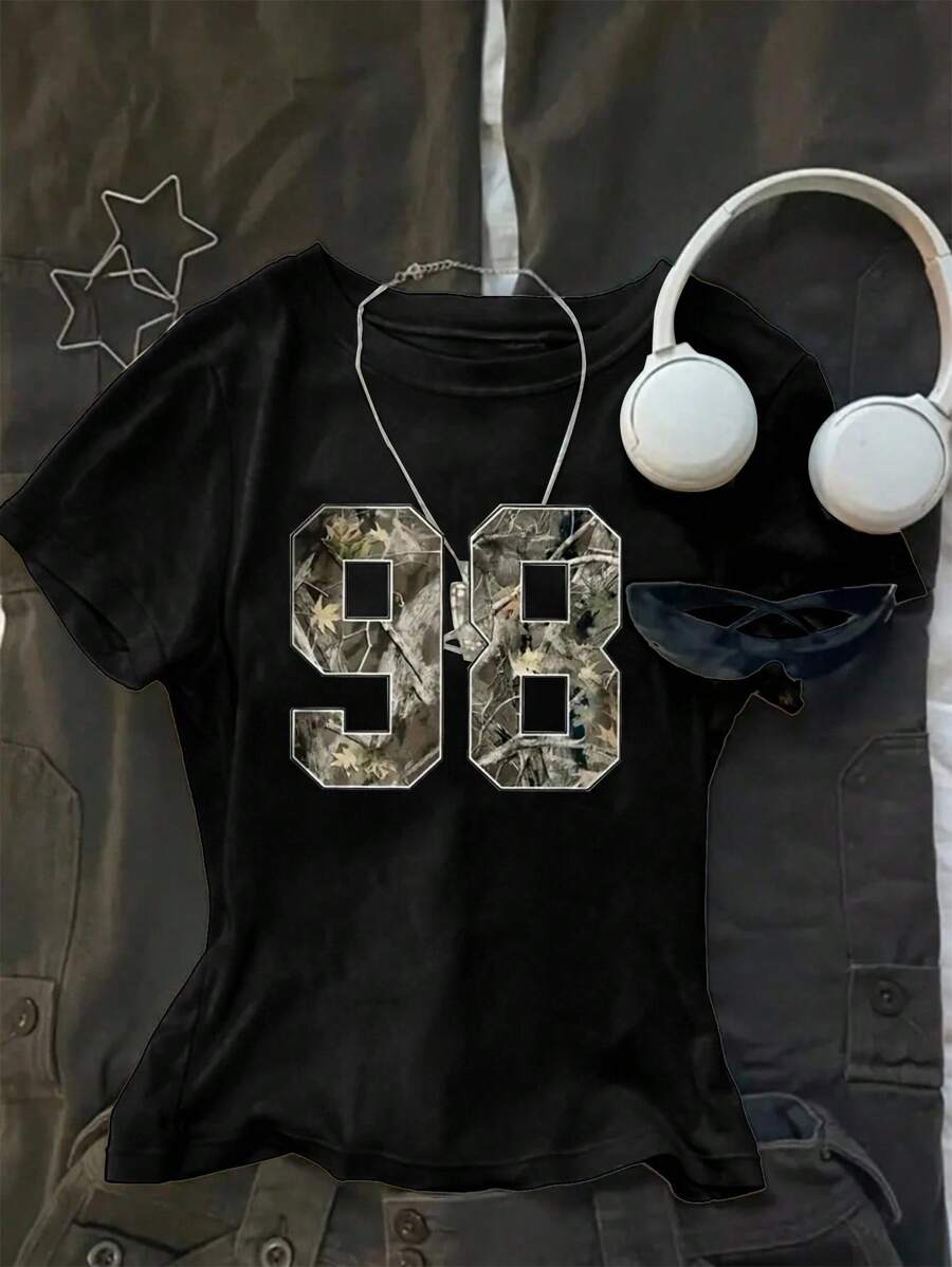 Crop Short Sleeve Girls T-Shirt With Numeric Print, Street Style And Versatile, Suitable For Summer 98 Tshirt Summer Holiday - Black - View 1