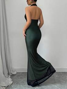 Chiquease 优雅修身鱼尾下摆 V 领腰部褶皱针织网眼连衣裙，玫瑰色衬里，女款，秋冬 - 薄荷綠 - 查看 2