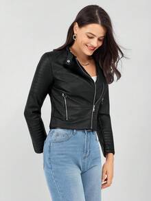 Miaspire Zip Up Pu Moto Jacket - Black - View 3