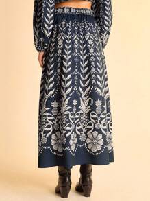 CAJUNI 女士花卉印花高腰休闲长裙，适合度假 - 波西米亚风女装/女士西式服装/图案/休闲女士 - 基本款/女士外出上衣/秋季女装 - 彩色 - 查看 2