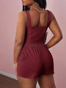 Slaydiva 2025 年夏季新款音乐节、复活节、日常、基础百搭、休闲、度假、巡航、海滩、日光浴、时尚、街头风方领无袖上衣和修身短裤套装，带有线、条纹、领带、口袋、隐形拉链、仿雪花、绿色、女式 2 件套 - 酒紅色 - 查看 2